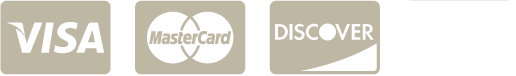 Icons of Visa, MasterCard, and Discover logos in black and white on a beige background, representing major credit card options.