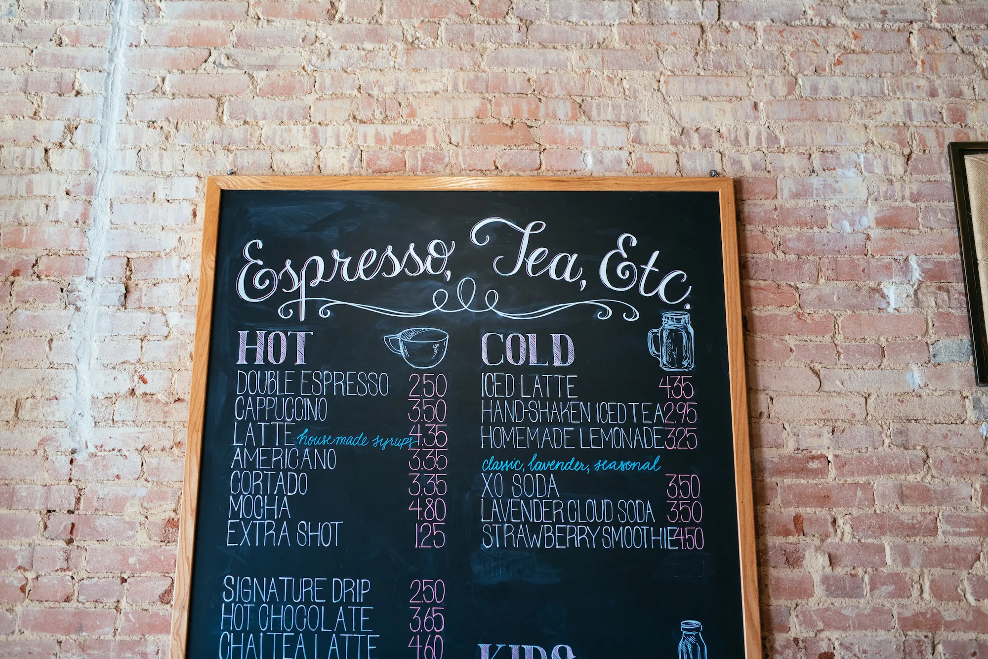 The menu at XO Coffee.