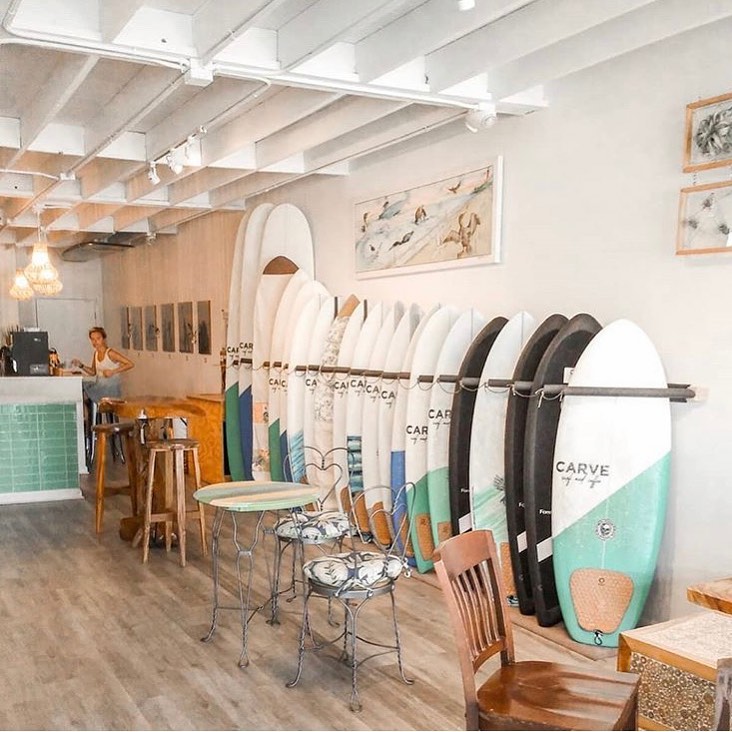 Surf boards in a coffee shop