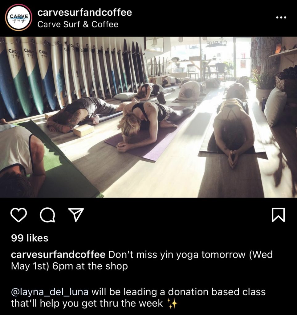Instagram post from Carve Surf and Coffee, people doing yoga