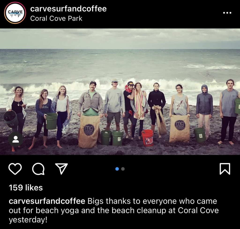 Instagram post from Carve Surf and Coffee, people on beach after picking up litter