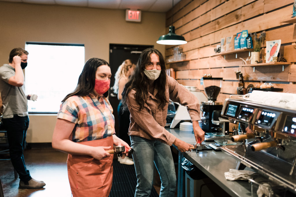 Two women at barista training course at Texas Coffee School
