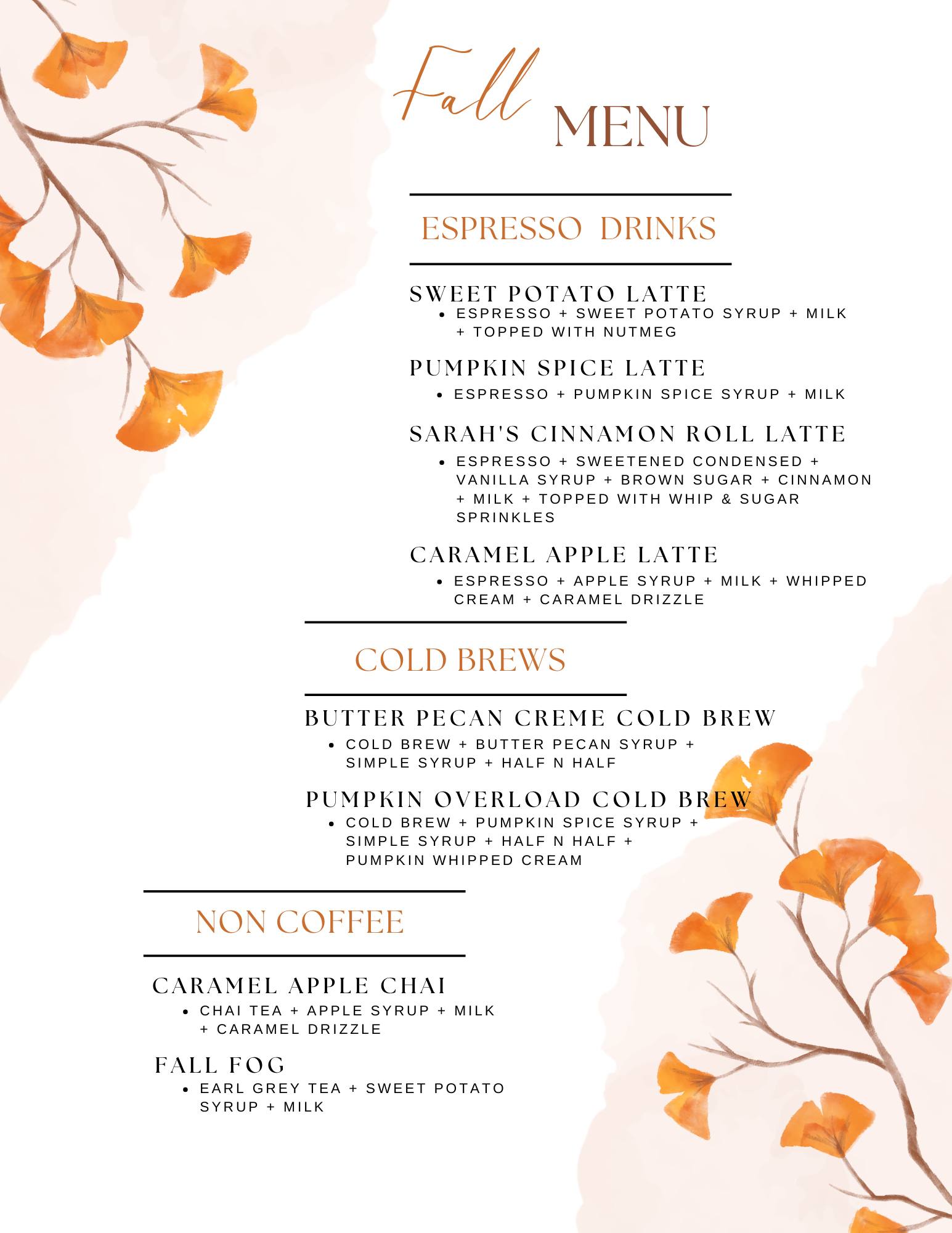 Monticello Coffee Company fall menu.