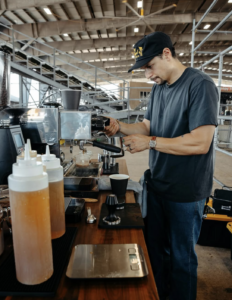 Justin pulls espresso.