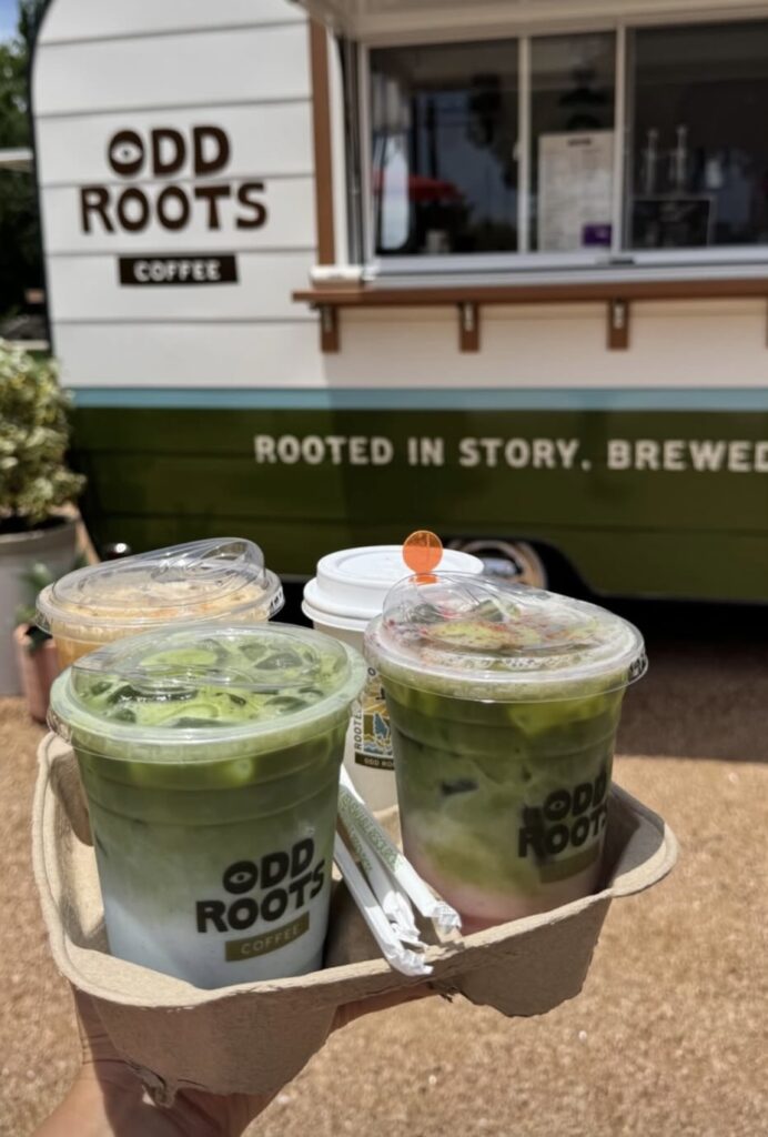 Snickerdoodle lattes and coconut bay matchas in hand at Odd Roots trailer