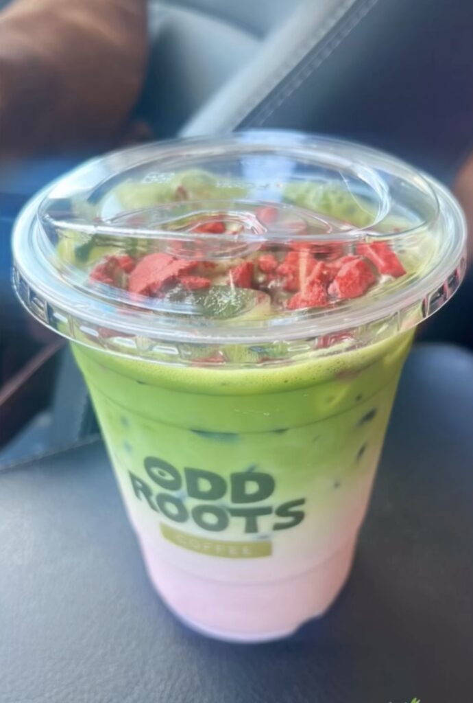 Strawberry matcha latte from Odd Roots, former Texas Coffee School student
