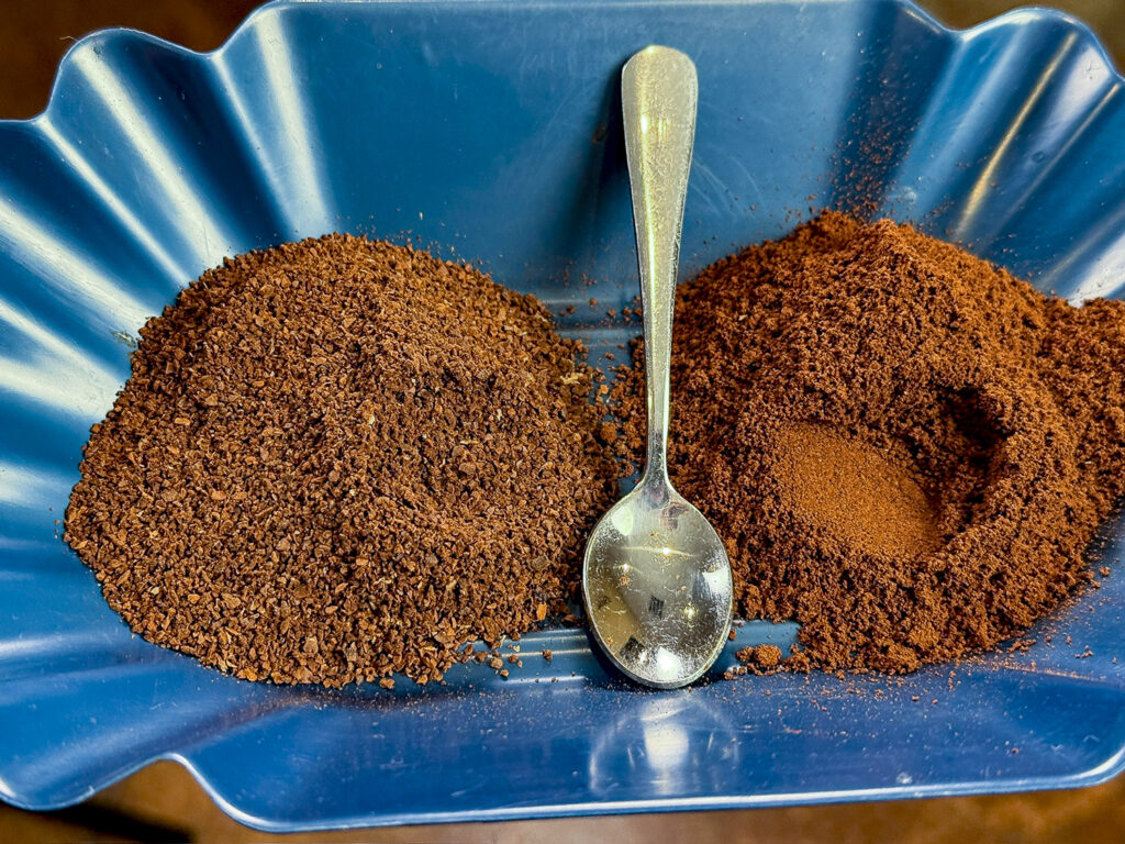 Coffee grind size comparison from coarse French press on the left to fine espresso on the right