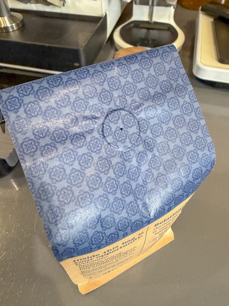 Close-up of a coffee bag one-way valve used for degassing